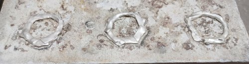 Judy Larson's Ribbon Wrapped Bracelet tips - , Wire Jewelry Design, Design, Three roughly formed mottled surface.